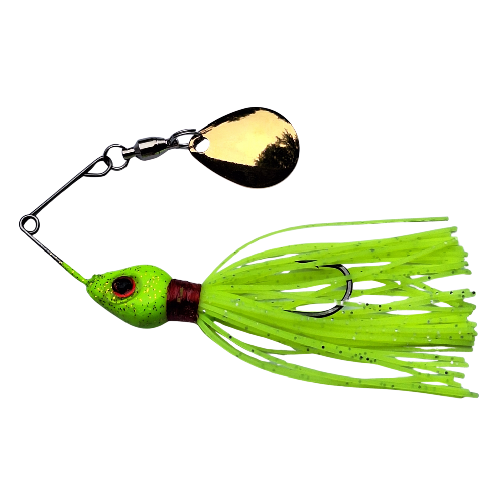 Chartreuse spinnerbait fishing lure on a white background